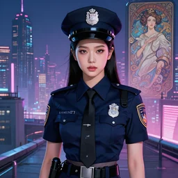 portrait jisoo from blackpink futuristic korea police uniform girl, at future neon light rooftop, ssci - fi and fantasy, intricate and very very beautiful and elegant, highly detailed, digital painting, artstation, concept art, smooth and sharp focus, illustration, art by tan zi and ayanamikodon and alphonse mucha and wlop