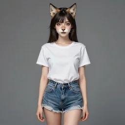 fullbody portrait of wild half - cat woman with cat nose and ears, wearing summer jeans shorts and tshirt, anime art, concept art, detailed attractive face with cat nose and cat mouth, symmetrical, trending on pixiv, by lois van baarle by akira toriyama by sung choi by john kirby artgerm style pascal blanche and magali villeneuve