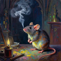 A mouse is smoking in a Gothic atelier, oil painting, detailed, colorful, glowing lighting, 4k, dimly lit, in the style of Yanjung Chen and Tom Bagshaw,