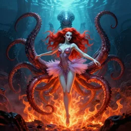 scorn giger venom alien doom zdislaw bekinski horror hell alien tentacles satan fire flame octopus, beautiful underwater redhead ballerina portrait as a belly dancer, pixar style, by tristan eaton stanley artgerm and tom bagshaw.