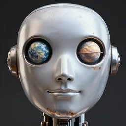 a robot face with eyes made out of planets, shiny metal and rusty metal, mech, cyberpunk, artstation, hyperrealism, award winning digital art, photoshop contest winner, futuristic