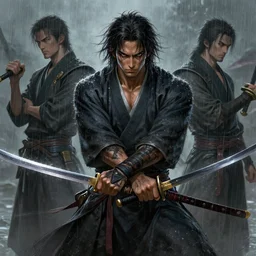 a highly detailed illustration of scruffy miyamoto musashi wielding swords in rainy day, art by artgerm and greg rutowski and ilya kuvshinov, intricate, elegant, highly detailed, centered, digital painting, artstation, concept art, smooth, sharp focus, league of legends concept art, wlop.