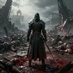 the last swordsman stands alone with many corpses behind him on the bloody and destroyed battlefield, beautiful texture, beautiful graphics, fantasy artwork, very deadly scenery, hd, hdr, ue 5, ue 6, unreal engine 5, cinematic 4 k wallpaper, 8 k, ultra detailed