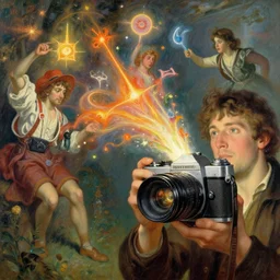magical spells pouring out of a vintage camera by james gurney, ilya repin, craig mullins