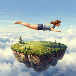 a woman flying with help of air, upon floating island by greg rutkowski and thomas kinkade, Trending on artstation