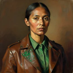 detailed portrait in powerful femininity, ethnic, maturity, realistic face sculpted features, clear eyes, statuesque model, eclectic fashion, structure jacket with collared shirt, warm glow, bathed in light, chiaroscuro, specular highlights, angular impressionism, radiant, deep rich tones, burnt sienna and emerald color palette, vintage illustration