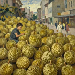 a city town filled with spiky durian everywhere overflowing, 1 6 3 4 rembrandt painting, oil on canvas