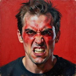 painting of an extremely angry man with a red face, red backround, hd