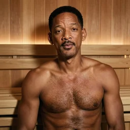 Will Smith in a sauna with hairy chest