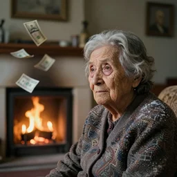 a close up portrait of a solitary old underweight lady is cold in a frozen old living room, in the fireplace burning money floats in the air, hyper realistic photo, full colour, kodak porta 4 0 0, depth of field, upscale, 8 k, masterpiece,