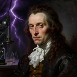 a baroque neoclassicist close - up portrait of a retrofuturistic evil mad scientist in a dark laboratory with purple lightning. renaissance portrait painting. highly detailed science fiction painting by norman rockwell, frank frazetta, and syd mead. rich colors, high contrast, gloomy atmosphere, dark background. trending on artstation