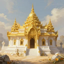 Gold temple. White stone, sand. Lighting, bloom. Fantasy, digital painting, HD, 4k, detailed.