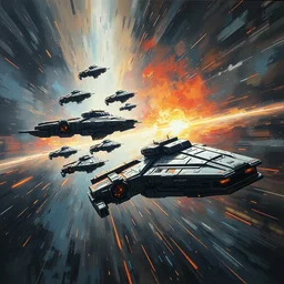 a fleet of starships entering hyperspace, highly detailed oil painting, impasto brush strokes, soft light, 8 k, cyberpunk colour palette, dramatic composition, dramatic lighting, sharp focus, concept art, masterpiece, by adrian ghenie and jenny saville and zhang jingna