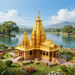 an ancient hindu temple made of gold with hindu flags in serene floral environment alongside a beautiful lake, bright blue sky birds flying, art deco, oak trees, mountainous background, distant, high angle, wide angle, global illumination, trending on artstation, octane render, cgsociety, surrealist, cinematic, unreal engine 5
