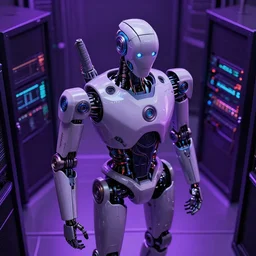 hyperrealistic medium shot robot! cyborg! in wires data! center server! pc by stanley kubrick highly detailed concept art zdzisław beksinski william gibson cinematic low purple lighting high angle hd 8 k sharp shallow depth of field