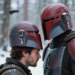 a mandalorian with a red and grey helmet headbutts in the head a brown - haired man from side view close up, in a snowy forest setting, hard edges concept art, highly detailed, great cinematic lighting, 8 k, depth of field, 3 d, art by greg rutkowski, trending on artstation, cinematographic shot