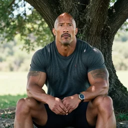 photorealistic Dwayne Johnson sitting under a tree, film screenshot, cinestill 800t, trending on artstation, Greg  Rutkowski