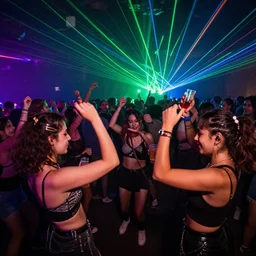 friends dancing at a alternative concert with drinks and lasers crowd in the back