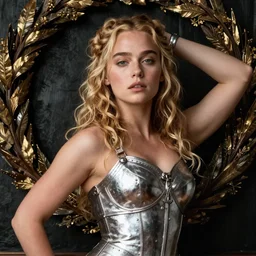 beautiful rugged sultry thick young emilia clarke, blonde hair, wearing silver armour, posing seductive, ornate wreath, oil painting by titian, hard focus, portrait