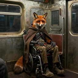 movie poster of old homeless fox invalide in cape, half terminator, sitting in dirty cyberpunk subway car, intricate, image from new scifi from ilm and weta digital, painted by thomas eakins, highres textures, ambient occlusion, volumetric light, raytracing