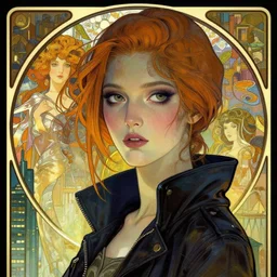 cyberpunk woman in a city, high detail, curious eyes, blended shading, in the style of alphonse mucha and andree wallin and ruan jia and lisa frank, artstation, half body portrait
