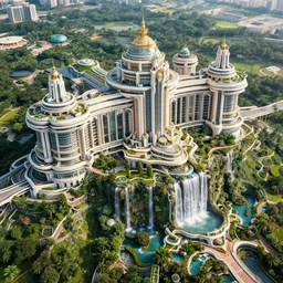 bright futuristic palace exterior, extreme opulence, lush tropical garden and waterfalls, utopia, cinematic, futuristic, ultra realistic, high detail, high contrast and sharp hyperornate aerial view
