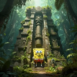 ancient jungle altar with giant statue of SpongeBob, abandoned, overgrown, atmospheric, cgisociety