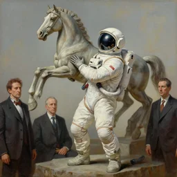 bodybuilder in an astronaut helmet lifts a statue of a horse, highly detailed painting by francis bacon, edward hopper, adrian ghenie, gerhard richter, and james jean soft light 4 k,