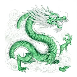 a full - body green chinese dragon + dragon scale, wisdom, good and evil, scrollwork + white ink + magical + detailed intricate + heraldic design + epic + by peter mohrbacher and kentaro miura + high details, in the style of jean delville, artstation, 8 k, tarmo juhola, ivan laliashvili, james gurney, moebius, roger dean, wlop, victo ngai, 4 k, cinematic