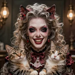 incredibly realistic, too detailed portrait of a caricature of the demented lady who lives with cats, centered portrait, octane render, bump mapping, global illumination, unreal engine 5, 8 k, bokeh, d & d digital art, mark ryden, rob gonsalves