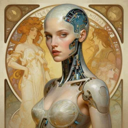portrait of a beautiful female android, coy, circuitry visible in head, in the style of ex machina, digital painting, karol bak, alphonse mucha, gil elvgren, award winning, hr giger, artstation, 8 k