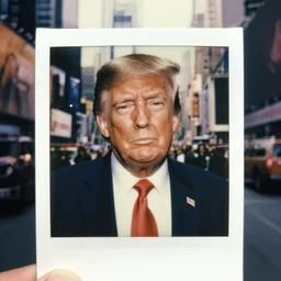close up portrait of donald trump standing close to camera, times square, cinematic focus, polaroid photo, vintage, neutral dull colors, soft lights, dramatic, by oleg oprisco, by thomas peschak, by discovery channel, by victor enrich, by gregory crewdson