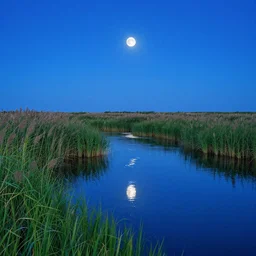 landscape, water body, shore in reeds and grass, water and night sky of the same color, stars in the sky, white moon, reeds and moon reflected in the water, moon track on the water, small fireflies, by james jean, blue colors, marsh color reeds, super detailed, super sharp focus, bright colors,