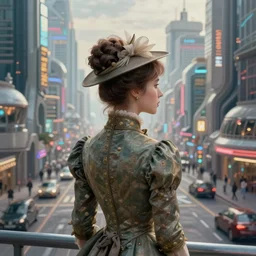 portrait of a victorian lady in a futuristic city, from behind, streets, in the year 600, highly detailed, digital painting