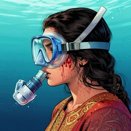 a profile photo of a pakistaniwoman with a diving oxygen mask with side profile blood in ocean intricate details by MARVEL comics and Sandra Chevrier-C