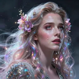 ryan reynolds, a colorful and vibrant majestic, open wide eyes drops a tear with flowers on her hair, glowing light orbs, intricate concept art, elegant, digital painting, smooth, sharp focus, ethereal opalescent mist, outrun, vaporware, cyberpunk darksynth, ethereal, ominous, misty, 8 k, by ruan jia and miho hirano, 8 k, rendered in octane