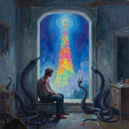 painting of a bleeding man sitting at the edge of a portal into the astral plane. the portal is inside a cold, decrepit house. through the portal we see a vibrant tower of a thousand colors. the man is being squeezed by black tentacles.