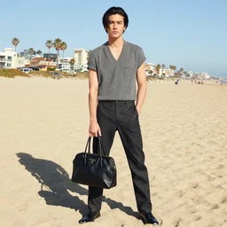 paparazzi photo of jeffree star holding a prada purse on an la beach