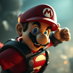 body portrait of posing super mario as superman superman in gears of war, face, flying, cinematic lighting, ray tracing, octane render, long lens, shallow depth of field, bokeh, anamorphic lens flare, 8 k, hyper detailed, 3 5 mm film grain