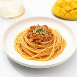 food photography of cigarette spaghetti and mango