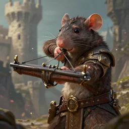 closeup 2 8 mm anthropomorphic archer rat using a crossbow in a castle, d & d, fantasy, intricate, action pose, particle effects, highly detailed, digital painting, artstation, concept art, matte, sharp focus, volumetric lighting, illustration, hearthstone, art by artgerm, wlop, craig mullins, alphonse mucha