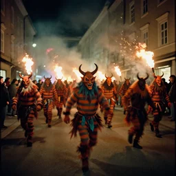 kodak portra 4 0 0, award winning dynamic vivid atmospheric photograph of hundreds of hazardous krampus, pelzebug, devils, by robert capas, in muted colours, striped orange and teal, motion blur, on a street in salzburg at night with colourful exploding pyro fire and torches, running fast towards the camera