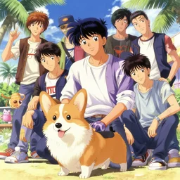 beautiful anime painting of hiphop solarpunk summertime chill with corgi, by hirohiko araki, howard pyle, jimmy lawlor, joao ruas, joe madureira, kelly sue deconnick. trending on artstation, 8 k, masterpiece, graffiti paint, fine detail, full of color, intricate detail, golden ratio illustration, face enhance