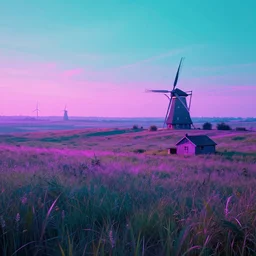 landscape with windmills in the distance and a small cabin, dreamlike, vaporwave aesthetic, neon, 8 k uhd, unreal engine, octane render in the artstyle of finnian macmanus, john park and greg rutkowski