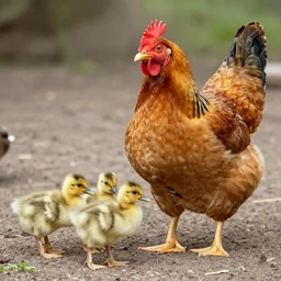 a crossbreed of chicken and a duck, with chicks, photo