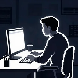 man shot from behind working late at night on his computer in a dark room, outlined by light, pixel art