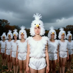 realistic photo of the woman gymnast sports team white cotton fluffy bird white carnival costumes shorts, fluffy pigeon head face portrait, wood in autumn, grey dusk sky with black clouds 1 9 9 0, life magazine reportage photo,