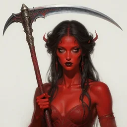 stunning goddess of death portrait, red skin, scythe, fantasy, intricate, elegant, highly detailed, digital painting, artstation, concept art, smooth, sharp focus, illustration, art by luis royo and krenz cushart and artem demura and alphonse mucha and tony sandoval