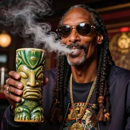 a closeup photorealistic photograph of happy stoned blunt smoking snoop dogg at trader vic's bar holding up a trader vic's style tiki mug featuring snoop dogg's face. tiki culture. lit scene. 4 k hd image that's trending on artstation, featured on behance, well - rendered, extra crisp, features intricate detail, epic composition and the style of unreal engine.