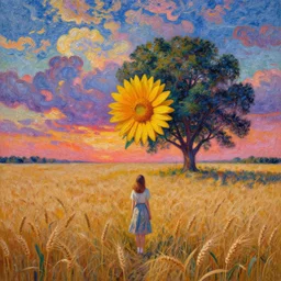 flower face, full body, girl in empty wheat field, surreal photography, colorful clouds, tree, impressionist painting, colorful clouds, digital painting, pointillism, sunset, artstation, simon stalenhag